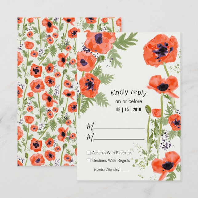 Cartons Réponse Poppies orientales Motif d'aquarelle florale (Devant / Derrière)