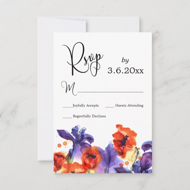 Cartons Réponse Poppies rouges, Mariage d'iris d'aquarelle violet  (Devant)