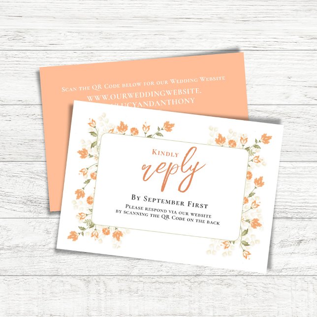 Cartons Réponse Poser Mariage élégant Répondre Personnalisé (Simple Wedding reply card with a peach floral background and QR code template.)