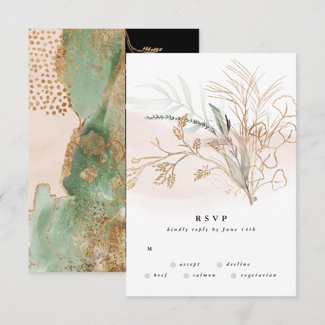 Cartons Réponse Premium Black Gold Botanical Eucalyptus Mariage (Devant / Derrière)