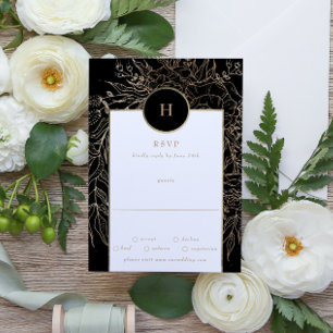 Cartons Réponse Premium Elegant Noir Monogramme Mariage Wreath