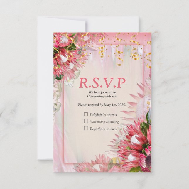 Cartons Réponse Protea Fuchsia avec rubans Blush & Gold (Devant)