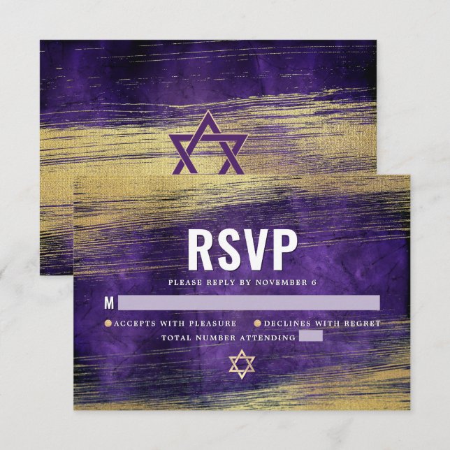 Cartons Réponse Purple Bar Mitzvah Aquarelle Or Foil Moderne (Devant / Derrière)