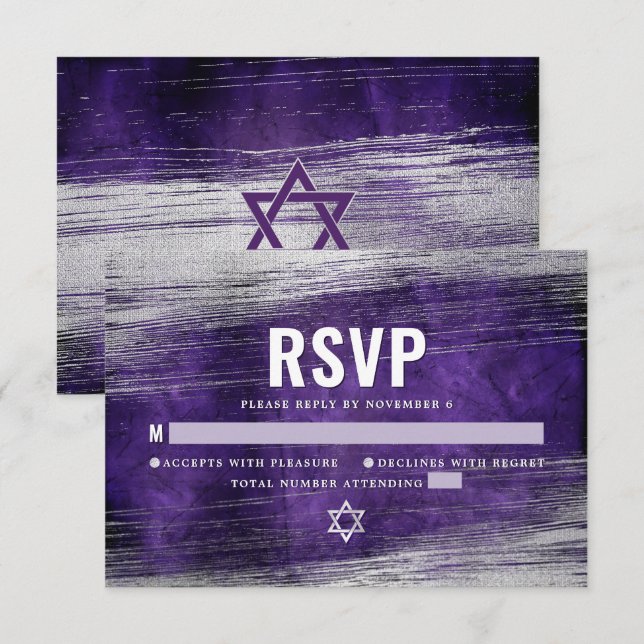 Cartons Réponse Purple Bar Mitzvah Moderne Argent Foil Aquarelle (Devant / Derrière)