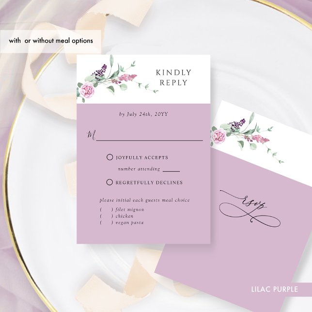 Cartons Réponse Purple Lilac Pastel Floral Avec ou sans repas (Créateur téléchargé)