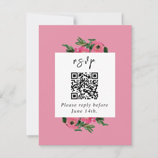 Cartons Réponse QR Code Aquarelle Anémonique Mariage rose (Devant)