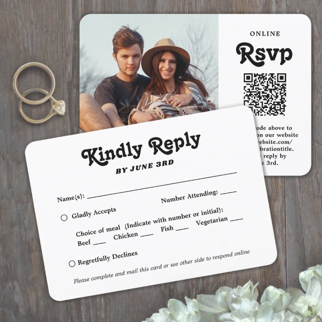 Cartons Réponse QR Code et options de repas Retro Script Mariage p (Créateur téléchargé)