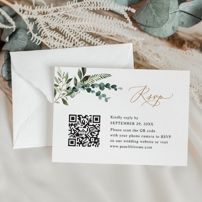 Cartons Réponse QR Code Moderne Boho Greenery Mariage or (Créateur téléchargé)