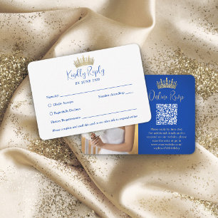 Cartons Réponse QR Code & Photo Quinceañera Gold Crown Royal Blue