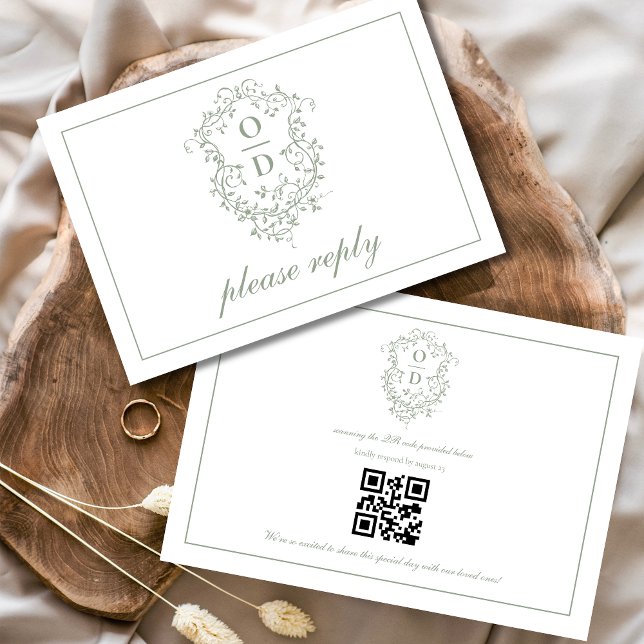 Cartons Réponse QR Code Sage Green Crest Monogram Mariage (Créateur téléchargé)