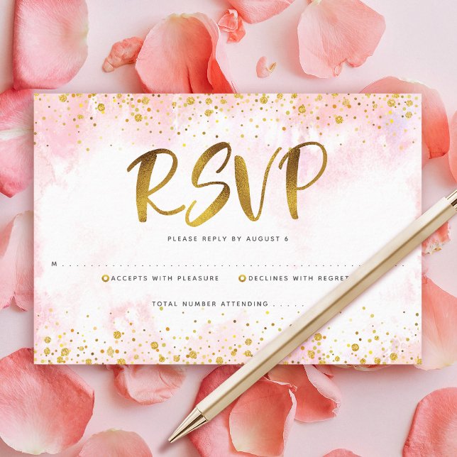 Cartons Réponse Quinceañera Blush Rose Aquarelle Or Foil Girl (Créateur téléchargé)