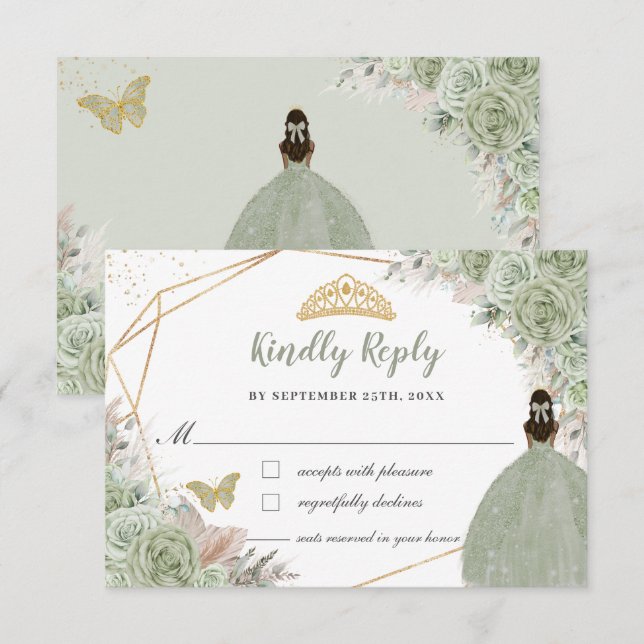 Cartons Réponse Quinceañera Boho Pampas Grass Sage Vert Floral (Devant / Derrière)