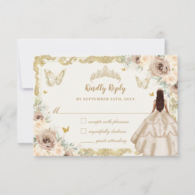 Cartons Réponse Quinceañera Champagne Floral Robe Princesse Or (Devant)