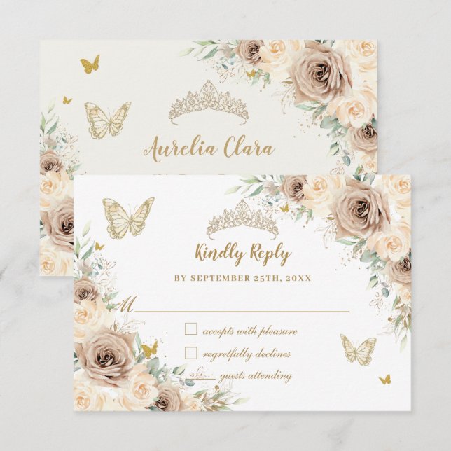 Cartons Réponse Quinceañera Champagne Gold Floral Papillons (Devant / Derrière)
