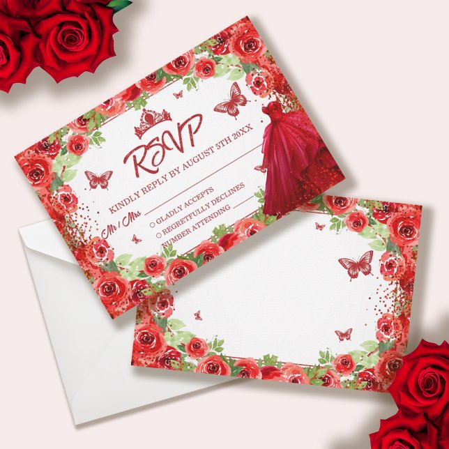 Cartons Réponse Quinceanera Florale Parties scintillant Rouge (Red Glitter Floral Quinceanera RSVP Card)
