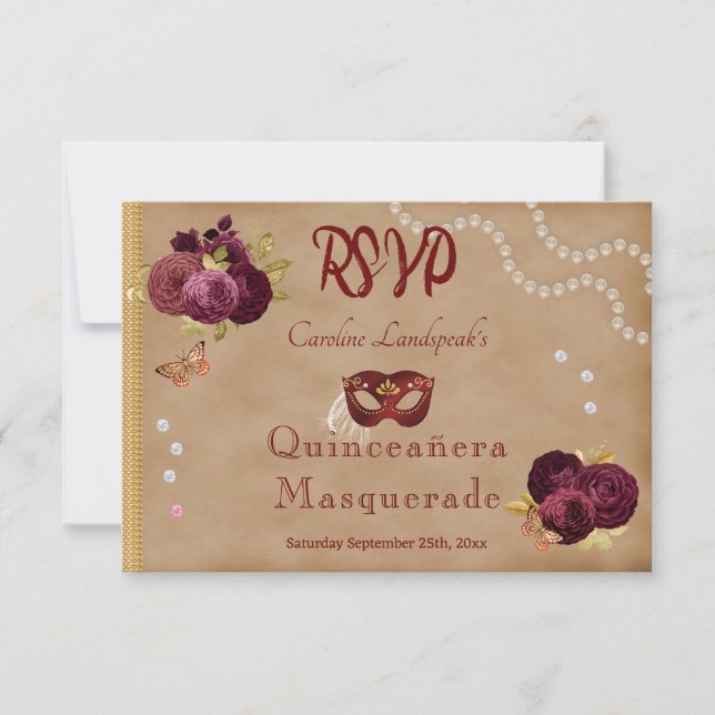 Cartons Réponse Quinceañera Red Masquerade Bourgogne Rose anglais (Devant)