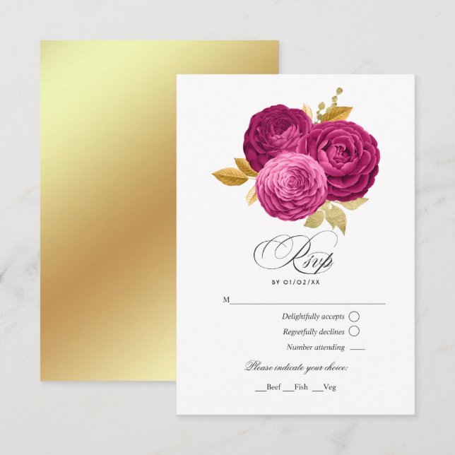 Cartons Réponse Quinceañera rose chaude et or Floral (Devant / Derrière)