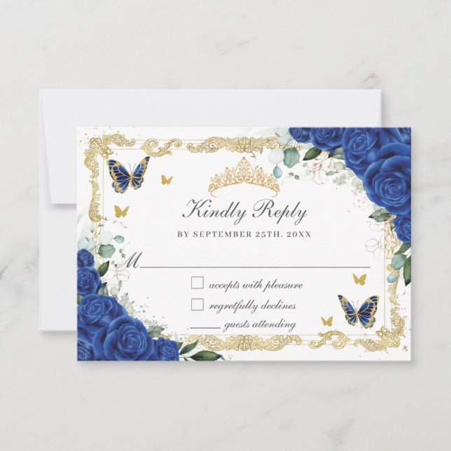 Cartons Réponse Quinceañera Royal Blue Floral Gold Butterflies (Devant)