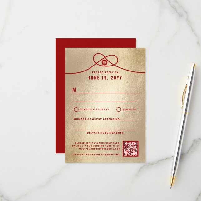Cartons Réponse Red Knot Union Double Bonheur Mariage chinois (Devant/Arrière en situation)