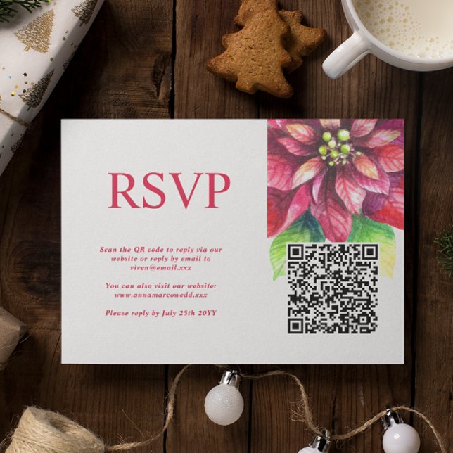 Cartons Réponse Red Poinsettia Mariage de Noël d'hiver QR Code (Créateur téléchargé)