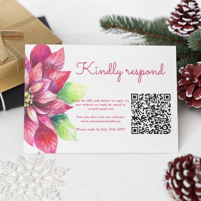 Cartons Réponse Red Poinsettia Mariage de Noël d'hiver QR Code (Créateur téléchargé)