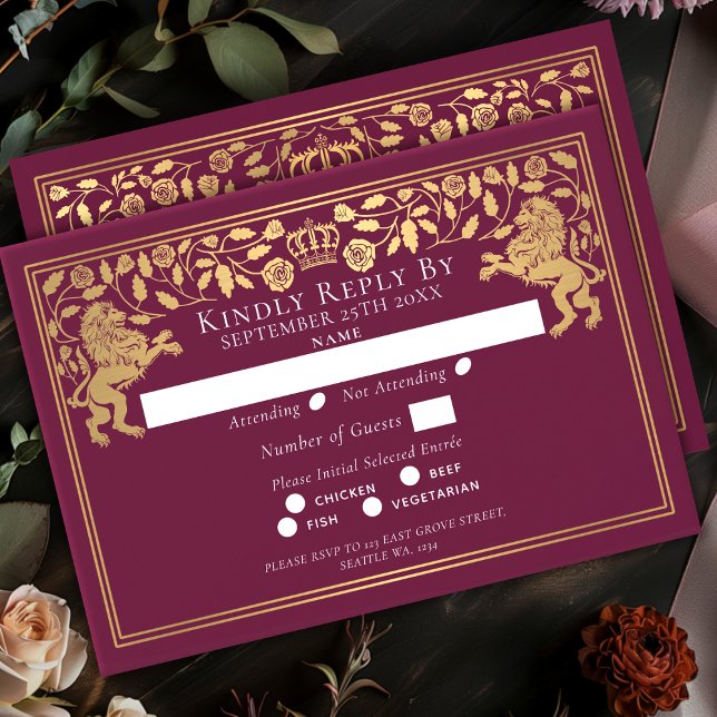 Cartons Réponse Red Royal Medieval Lion Wedding (Créateur téléchargé)