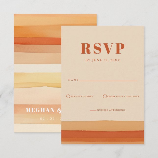 Cartons Réponse Rétro Aquarelle Stripes Terracotta Orange Mariage (Devant / Derrière)