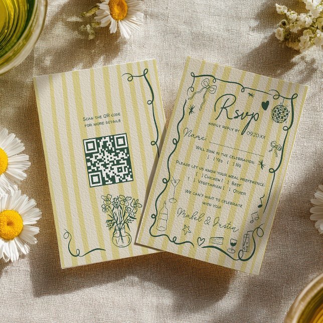 Cartons Réponse Retro Citrus Green hand drawn wedding QR (Retro Citrus Green hand drawn wedding QR RSVP Card)
