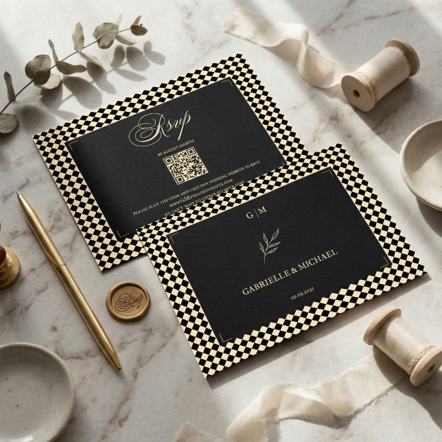Cartons Réponse Retro Diamond Pattern Black Gold Wedding QR (Créateur téléchargé)