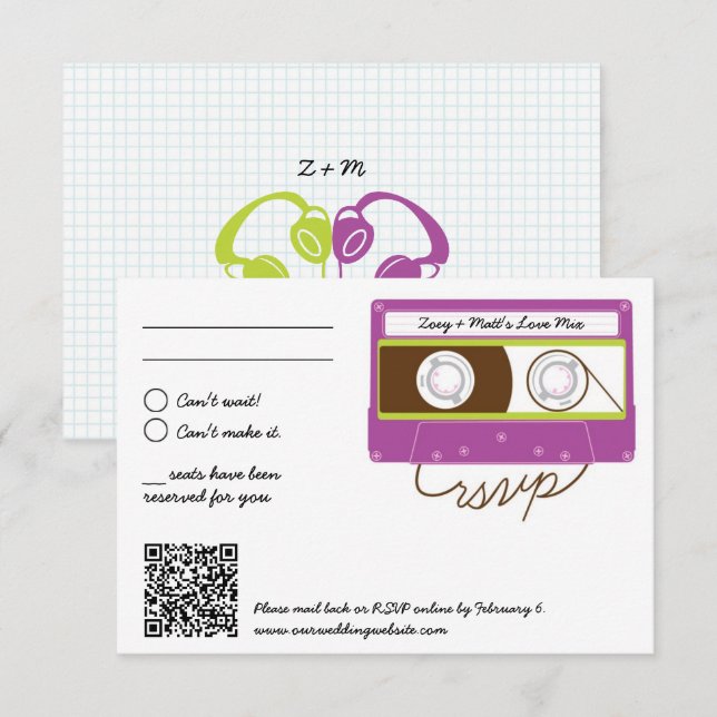 Cartons Réponse Rétro Indie Mixtape Mariage Purple & Lime (Devant / Derrière)