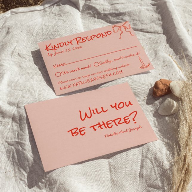 Cartons Réponse Retro Quirky Hand Drawn Pink Red Unique Wedding (Créateur téléchargé)