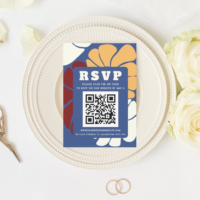 Cartons Réponse Retro Super Boho Chic Floral Mariage QR CODE (Retro Groovy Boho Chic Floral Wedding QR CODE RSVP Card)