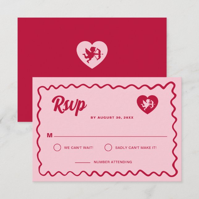 Cartons Réponse Retro Wavy Frame Red Pink Cupid Heart Wedding (Devant / Derrière)