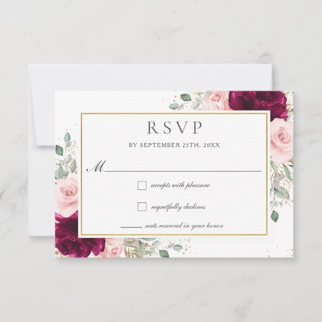 Cartons Réponse Rich framboise Blush Roses Rose Mariage Floral (Devant)