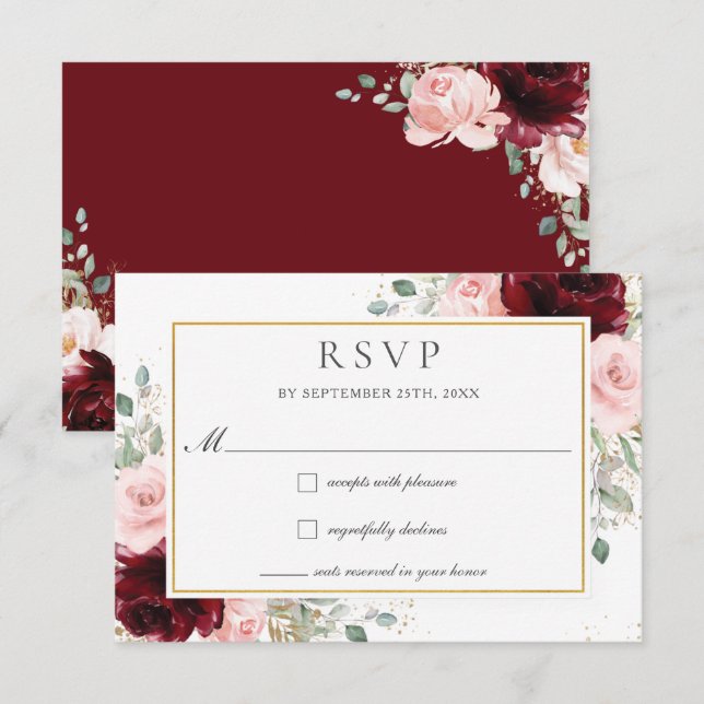 Cartons Réponse Riche Bourgogne Blush Roses Rose Mariage Floral (Devant / Derrière)