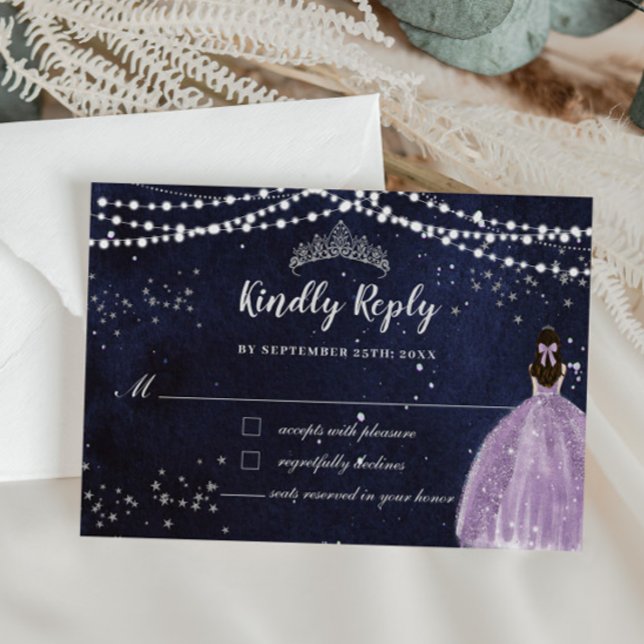 Cartons Réponse Robe de nuit rose Lilac Robe Argent Quinceañera (starry night quinceanera purple lilac dress girl silver fairy lights rsvp response reply cards)