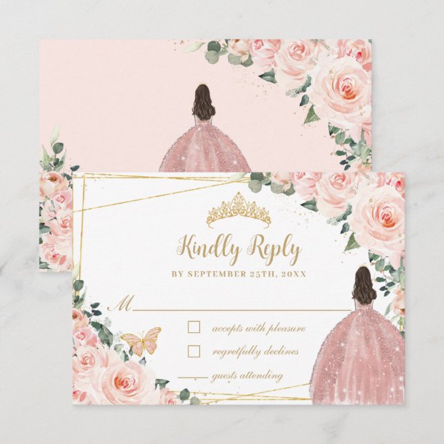 Cartons Réponse Robe de Quinceañera, Papillon bleu rose floral (Devant / Derrière)