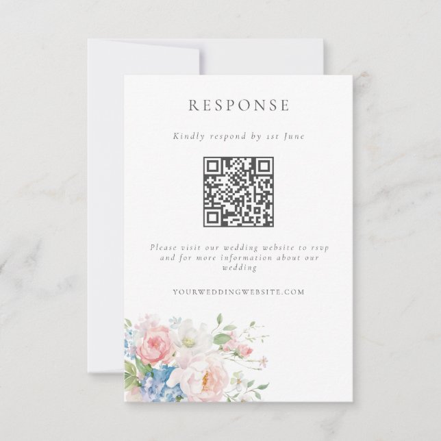 Cartons Réponse Romantic Blue & Pink Pastel Floral QR Code Wedding (Devant)
