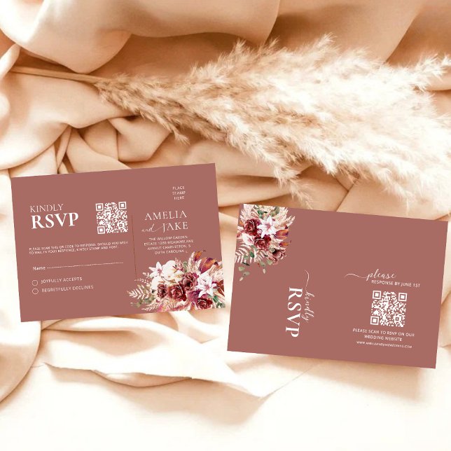 Cartons Réponse Romantic Burgundy & Dusty Rosewood Floral QR Code  (Créateur téléchargé)