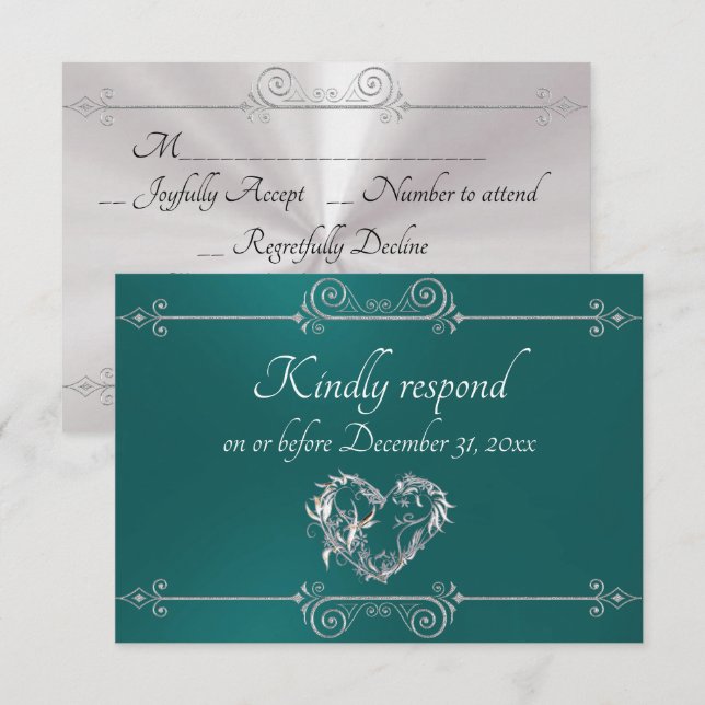 Cartons Réponse Romantic Silver Scroll Heart on Teal (Devant / Derrière)