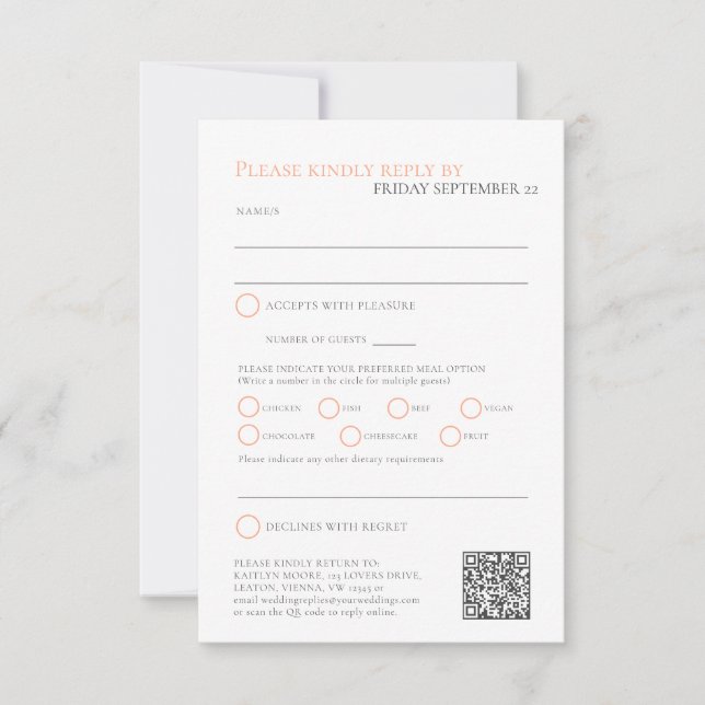 Cartons Réponse Rose à thé rayé aquarelle mariage code QR repas (Devant)