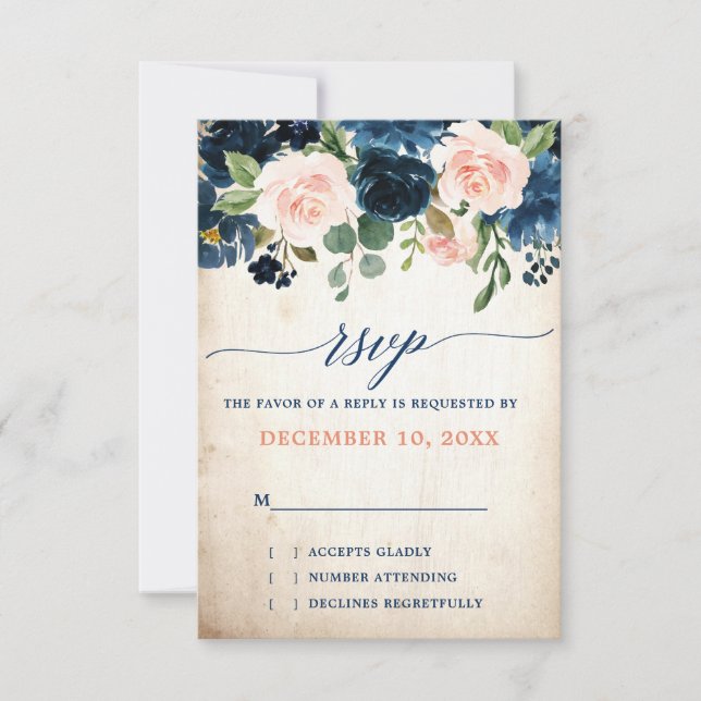 Cartons Réponse Rose bleu bleu marine Boho Mariage campagnard rust (Devant)