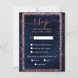 Cartons Réponse Rose bleu de la marine or arrosé Mariage Confetti