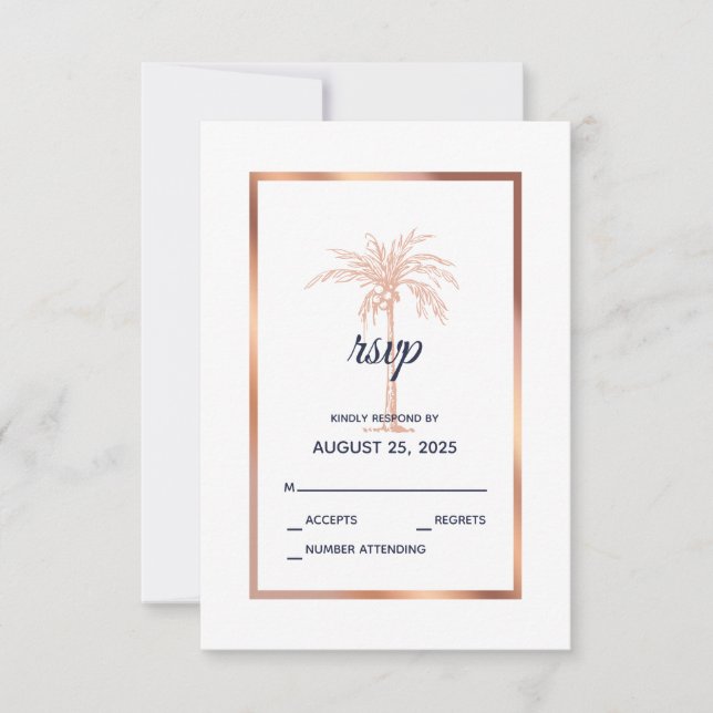 Cartons Réponse Rose bleu marine Gold Cuivre Palm Tree Mariage (Devant)