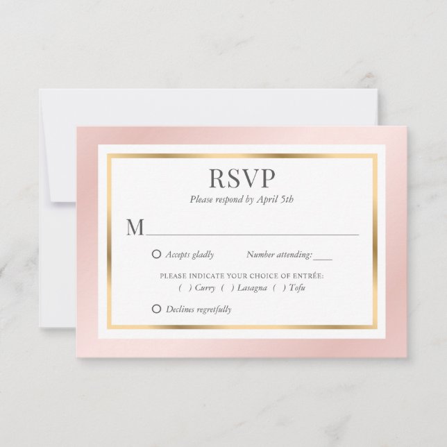 Cartons Réponse Rose Blush Gold Meal Choix de mariage élégant (Devant)