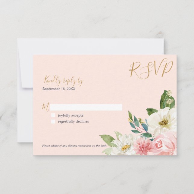 Cartons Réponse Rose Blusush Rose Marine Blanc Floral Mariage (Devant)