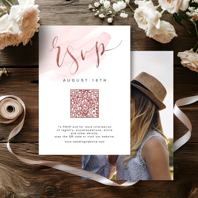 Cartons Réponse Rose Gold Blush Modern Script mariage code QR (Rose Gold Blush Modern Script wedding QR code RSVP Card)