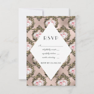 Cartons Réponse Rose Gold et Blush Damask Vintage Wedding