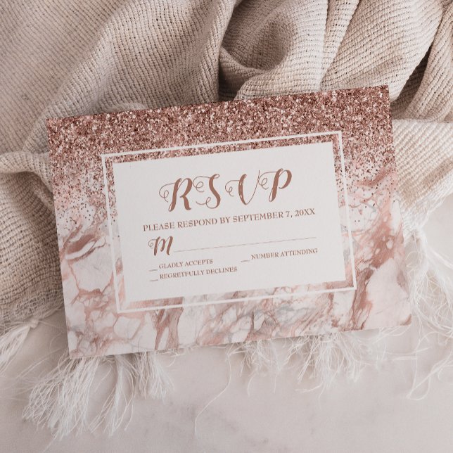 Cartons Réponse Rose Gold Marble Faux Parties scintillant Script (Créateur téléchargé)