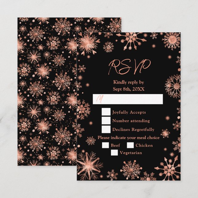 Cartons Réponse Rose Gold Snowflakes Choix de repas d'hiver (Devant / Derrière)
